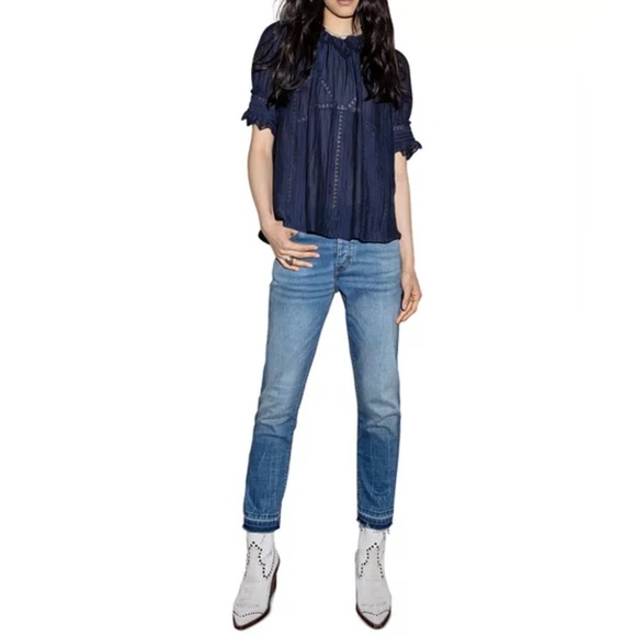 Zadig & Voltaire Tupel Blue Lace Trim Ruffled Peter Pan Collar Blouse EUC Size M - Picture 2 of 10